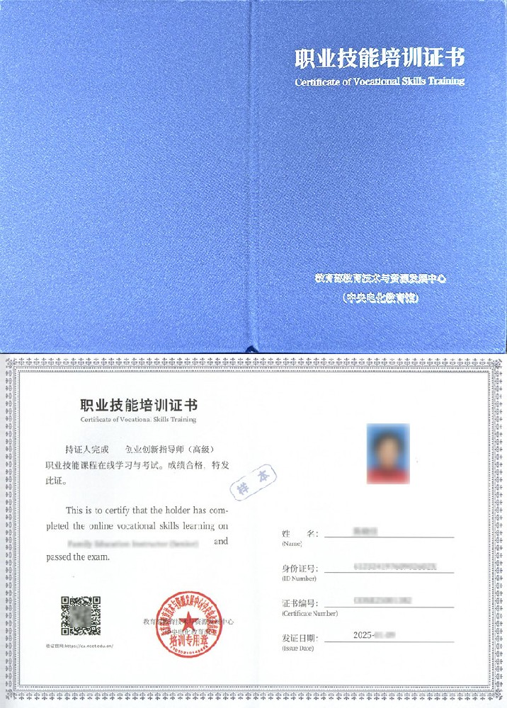 教育部教育技术与资源发展中心（中央电化教育馆） 职业技能培训证书 创业创新指导师证证书样本
